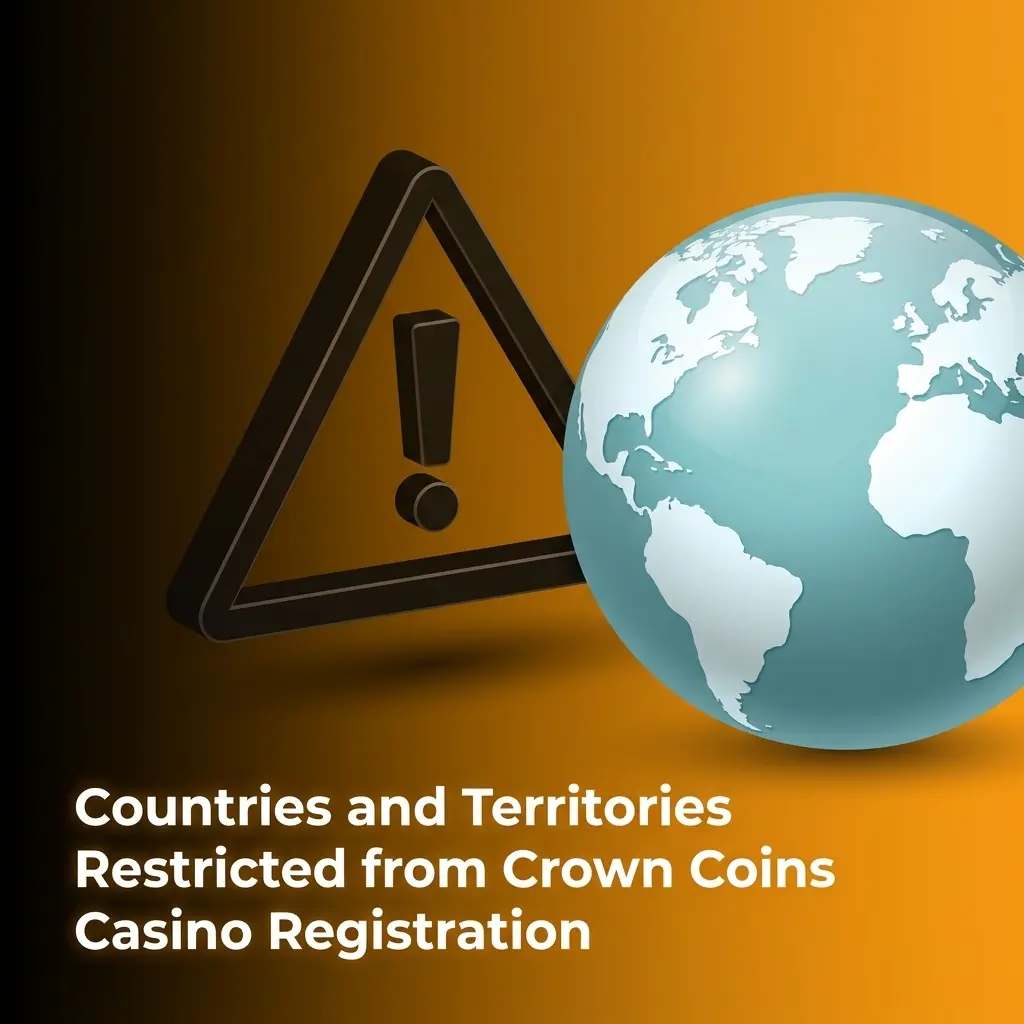 World map highlighting countries restricted from Crown Coins Casino registration including UK, Australia, France, Spain, and more
