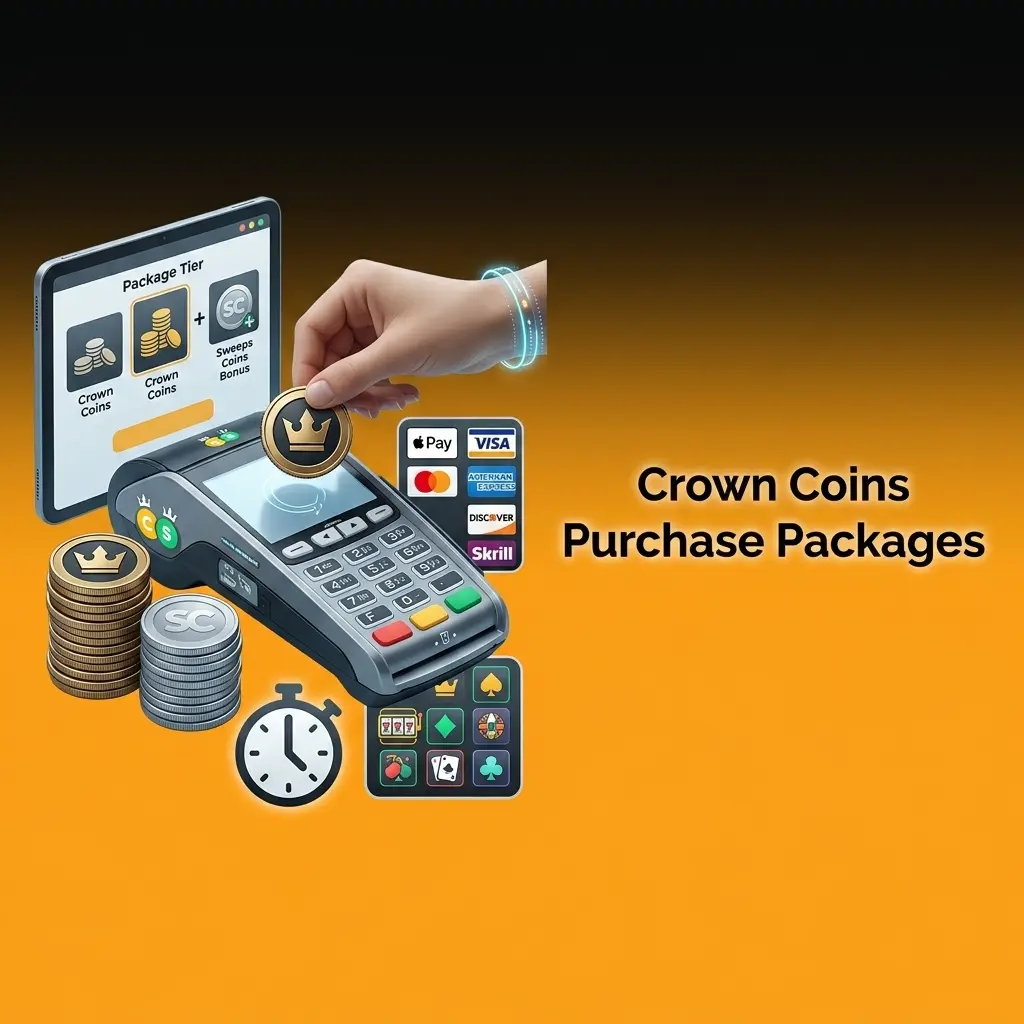 Crown Coins purchase packages with bonus Sweeps Coins tiers available via Apple Pay, Visa, Mastercard, Amex, and Skrill