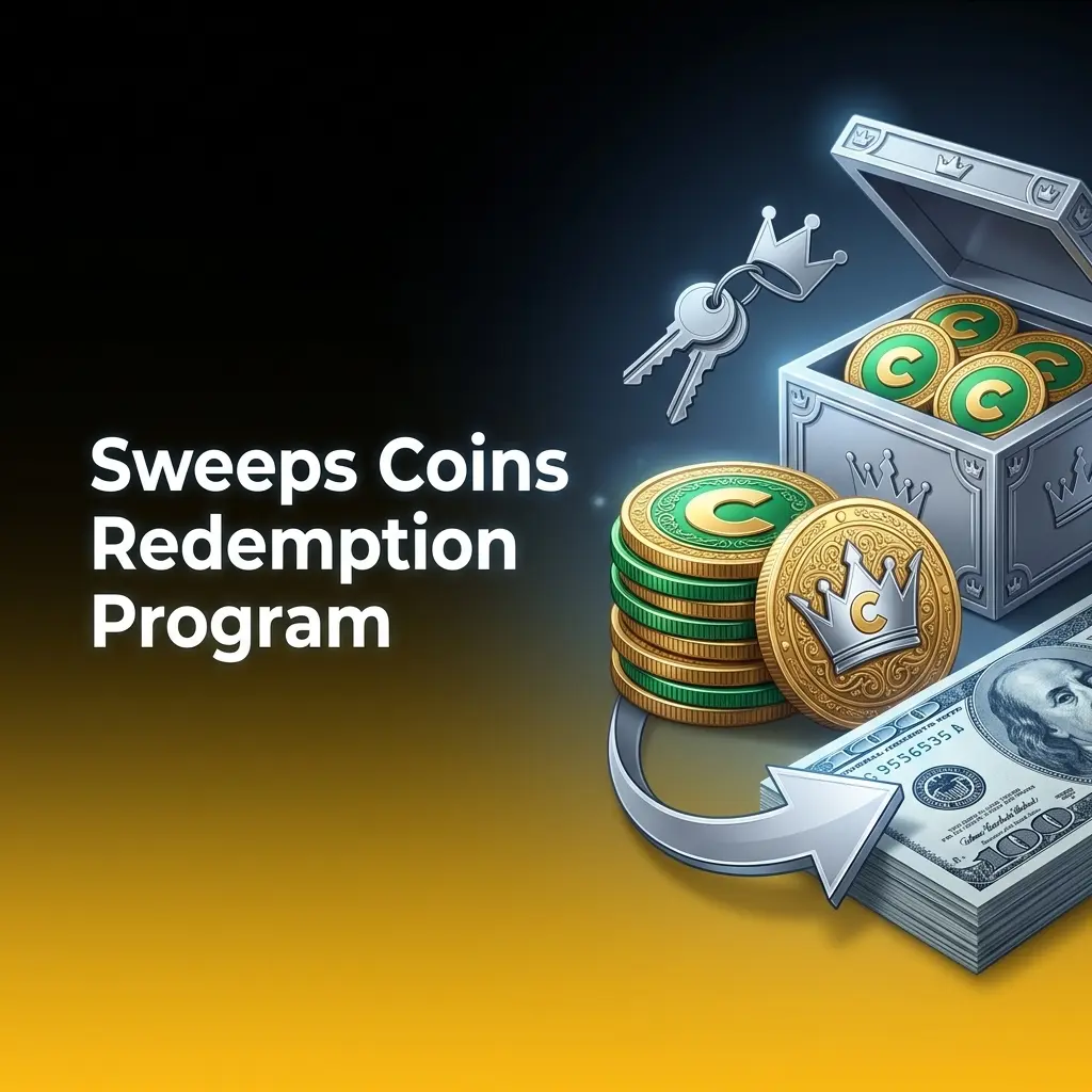 Crown Coins Casino Sweeps Coins redemption program showing 1 SC equals 1 USD with 50 SC minimum threshold