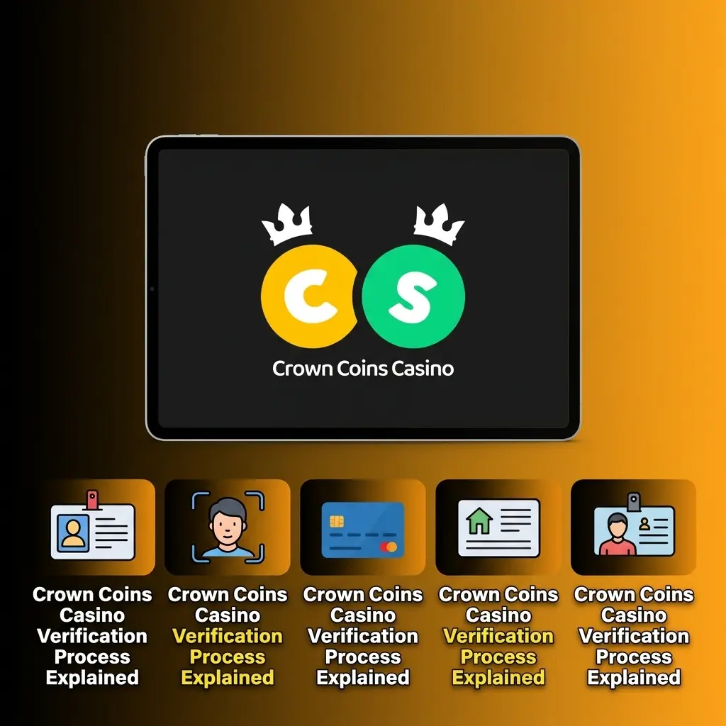 Crown Coins Casino identity verification process showing ID upload, proof of address, and selfie steps for account approval