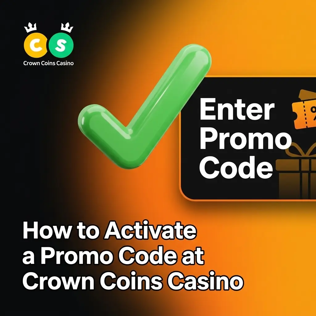 Step-by-step guide to activating a promo code at Crown Coins Casino showing login, redeem section, and coin balance