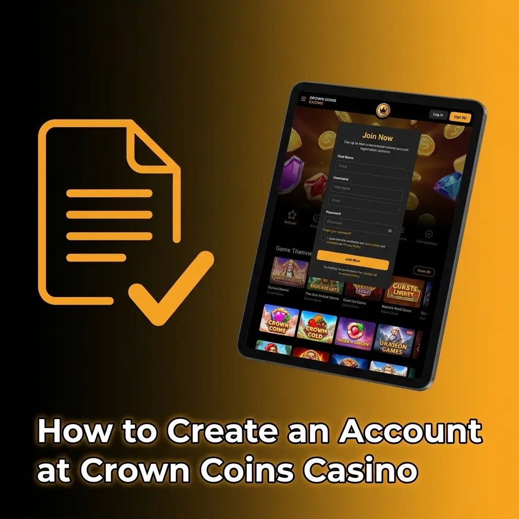 Step-by-step Crown Coins Casino account registration process showing sign-up form and welcome bonus of 100K Crown Coins
