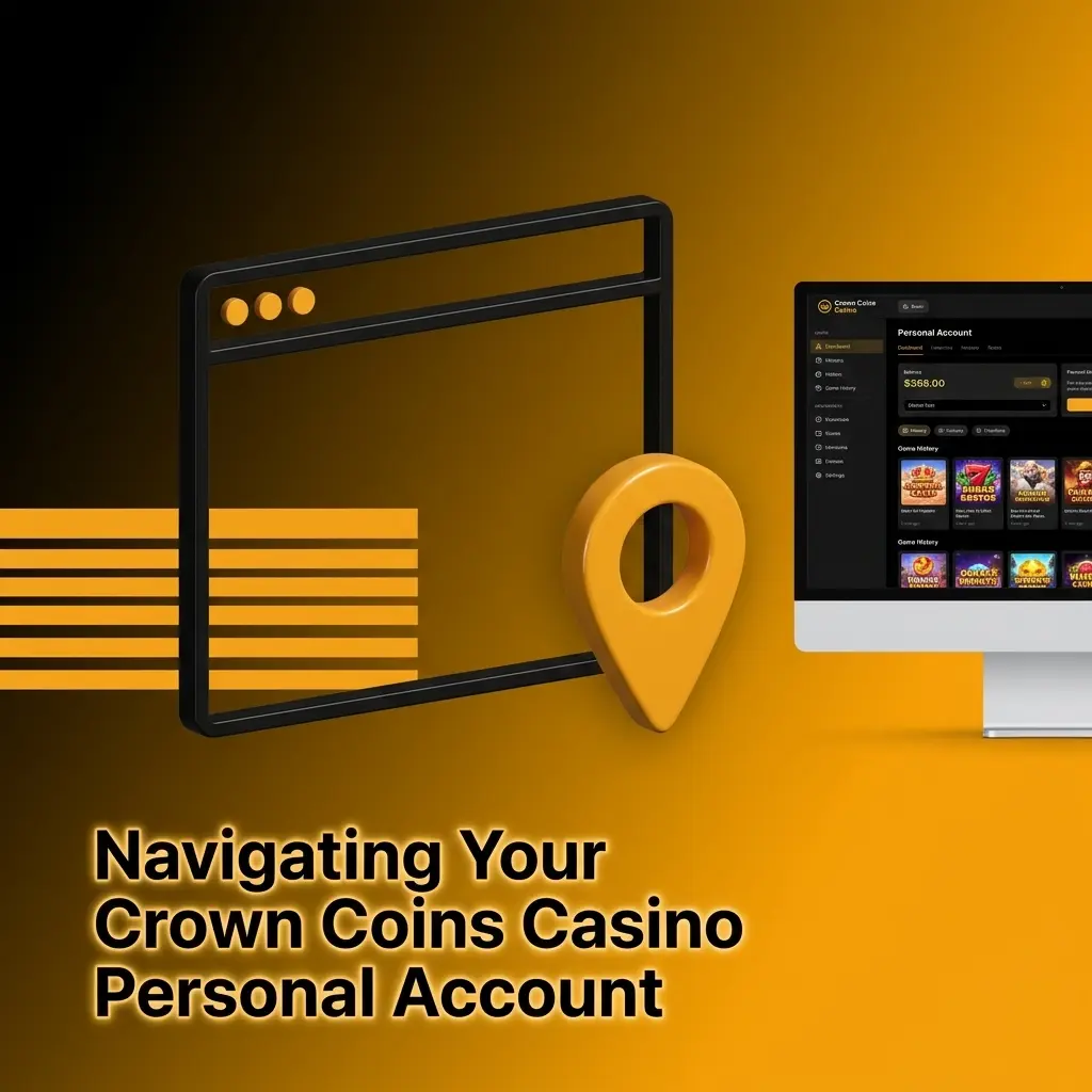 Crown Coins Casino account menu showing balance, coins, redemption, promotions, and settings options in drop-down panel