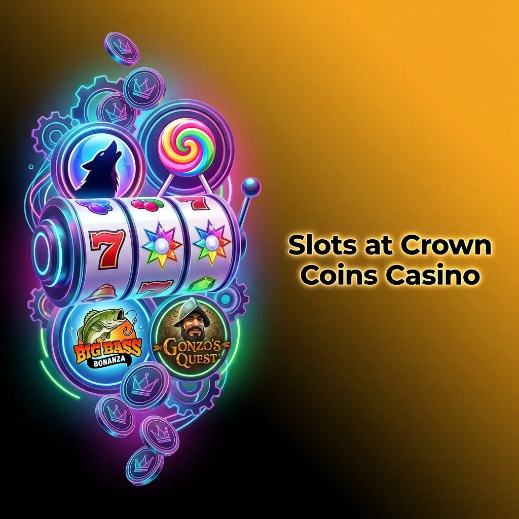Colorful slot machine games available at Crown Coins Casino including Wolf Gold, Starburst, and Big Bass Bonanza
